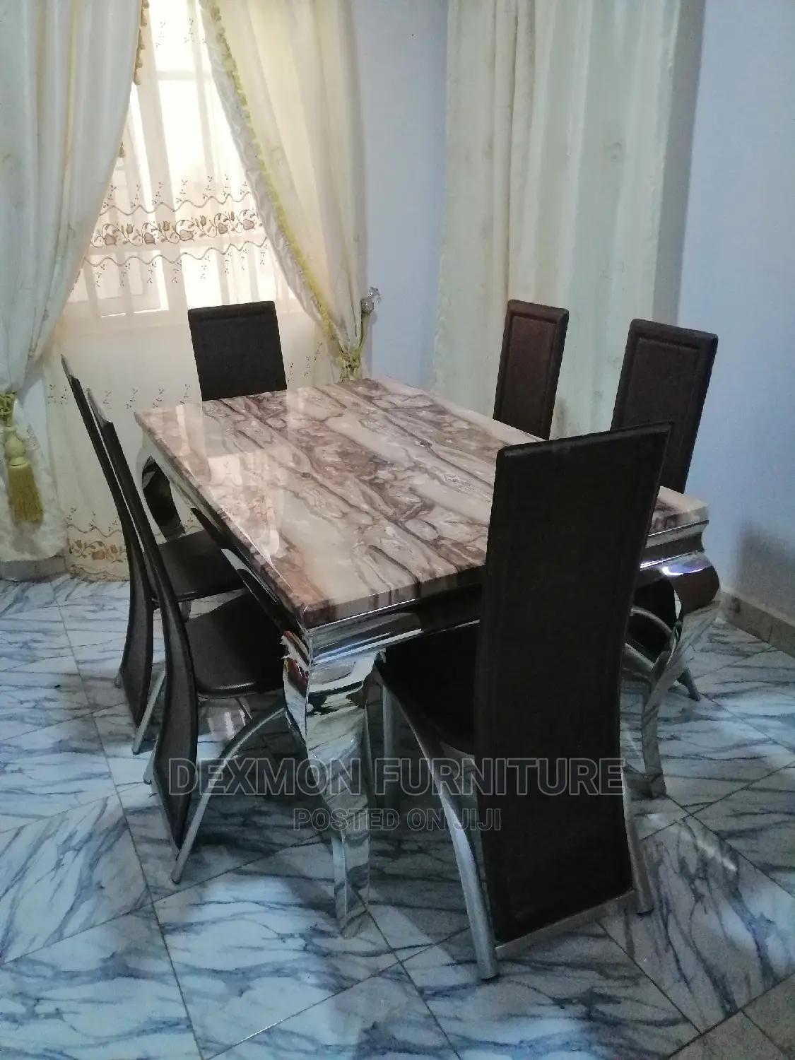 Modern 6 Seater Marble Top Dining Table Set.