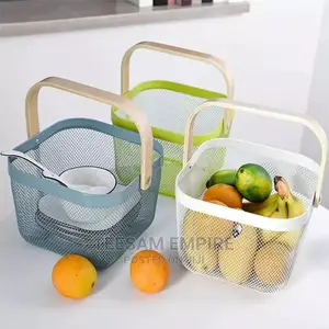 Mesh Steel Storage Basket With Portable Wood Handle