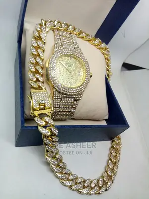 Cuban Neck Chain And Wristwatch - Gold