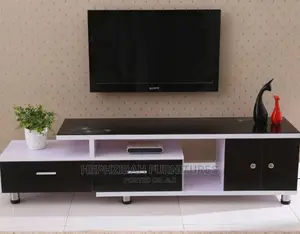5ft Tv Stand With Black Doors and Glass Top
