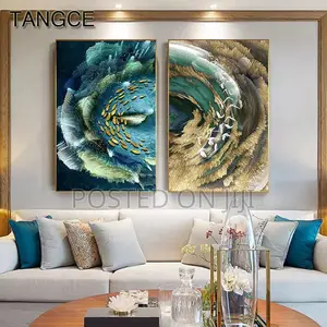 Abstract Golden Feather Blue Green Wall Art Pictures