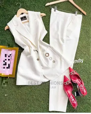 White Female Sleeveless Blazer and Trousers