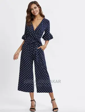 Polka Dot Tiered Trumpet Sleeve Wrap Jumpsuit