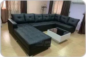 U- Shaped Black Leather Sofa With Center Table