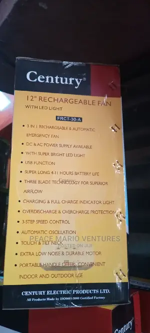 Century 12" Rechargeable Fan With One Year Warranty