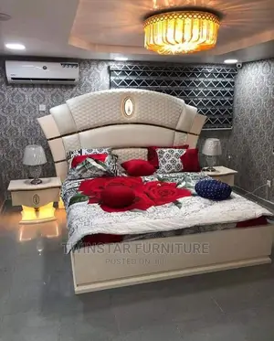 Modern European Bed With Drawers and Mirror Stand With Light