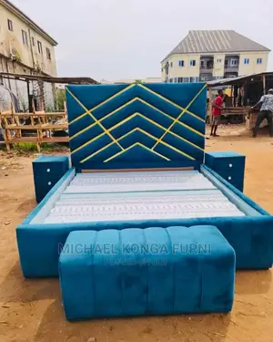 Beautiful Padded Bed With Ottoman and Two Bedside