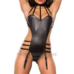 Leather Sexy Ladies Black Garter Bodysuit Costume Lingerie