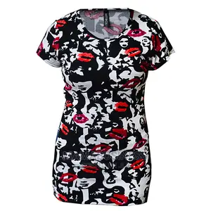 Ladies Short Sleeve Lips Print Top Blouse - Multicolour